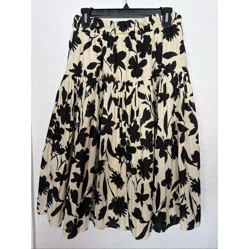 Moon River Floral Print A-line Full Midi Skirt Ivory, Black Size L